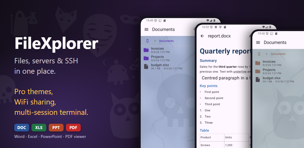 FileXplorer: files, servers and SSH in one place. Word, Excel, PowerPoint and PDF viewer.
